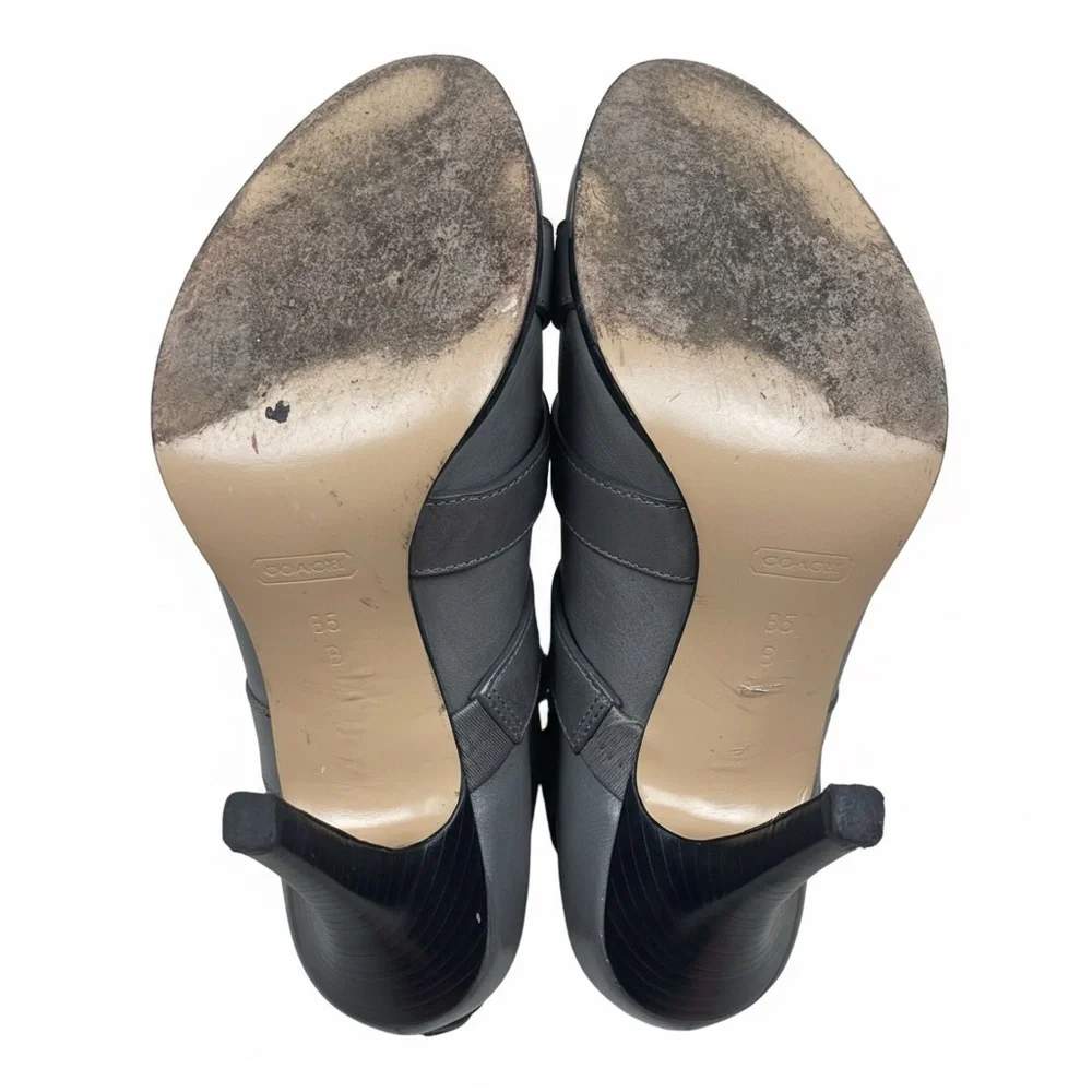 Coach Brandi Gray Leather Peep-Toe Booties 8.5B Silver Logo Buttons